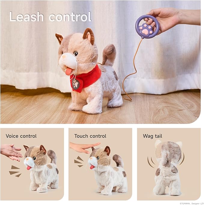 TUMAMA Toy Cat for Kids, Cute and Realistic Kitty Toy That Walks, Meows, Tongues Out and Wags Tail, Interactive Electronic Cat Plush Toy with Leash, Best Gift for Boys and Girls Ages 3 4 5 6 7