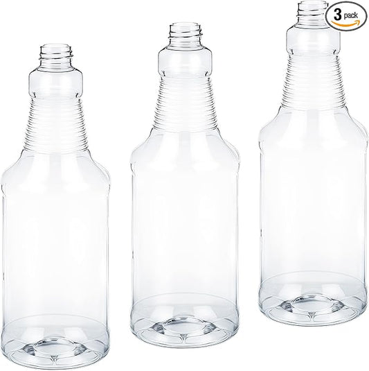 Pro Grade, BPA-Free 32oz Spray Bottle 3 Pack - Bottles ONLY. Spray Heads NOT Incl. Clear, 32 Oz Heavy Duty Plastic Bottles for Spraying Chemicals and Bleach. Best Home and Commercial Cleaning Supplies