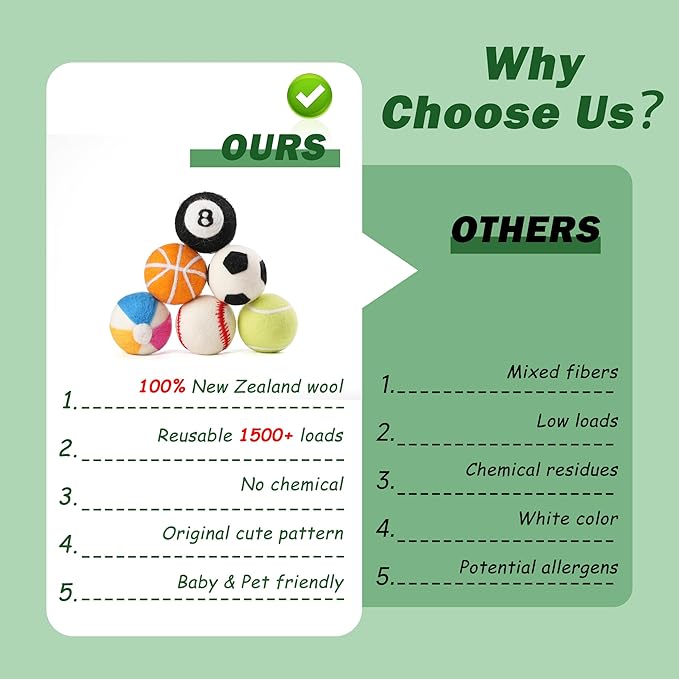 Wool Dryer Balls XL Size 6 Pack - Fun Dryer Balls with Ball Patterns Cute Dryer Balls Laundry Reusable Anti Static Handmade New Zealand Wool Balls (Ball Patterns with Primitive Color)