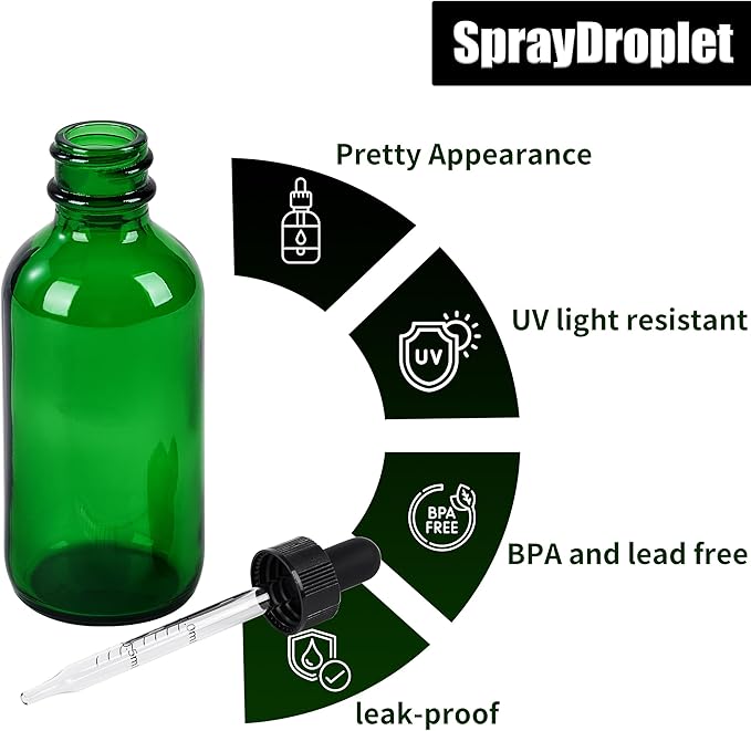 24 Pcs, 2oz Glass Dropper Bottle, Leakproof Tincture Bottles with Dropper, Green Reusable Eye Dropper Bottle, for All Kinds of Liquids (Green, 2oz-24pcs)