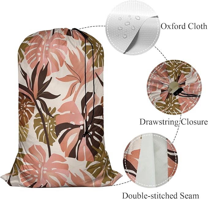 Swono Tropical Palm Leaves Laundry Bag with Drawstring Straps, Heavy Duty Extra Large Laundry Bags for Laundromat and Household, Exotic Flowers Summer Paradise Washable Travel Dirty Clothes Bag Hamper