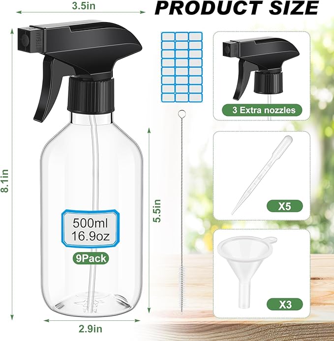 9 Pack 16oz/500ml Plastic Spray Bottle Bulk for Plant Small Spray Bottle Fine Mist Water Sprayer Upgraded Adjustable Nozzle Refillable Empty Containers for Cleaning, Hair, Cooking(Clear)