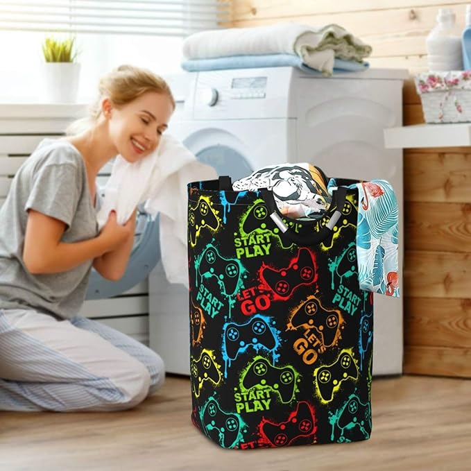 Game Theme Large Laundry Hamper Bag With Waterproof Liner - Gaming Joystick Silhouettes Laundry Basket Foldable Clothes Storage Organizer For Bathroom Bedroom Nursery Dorm
