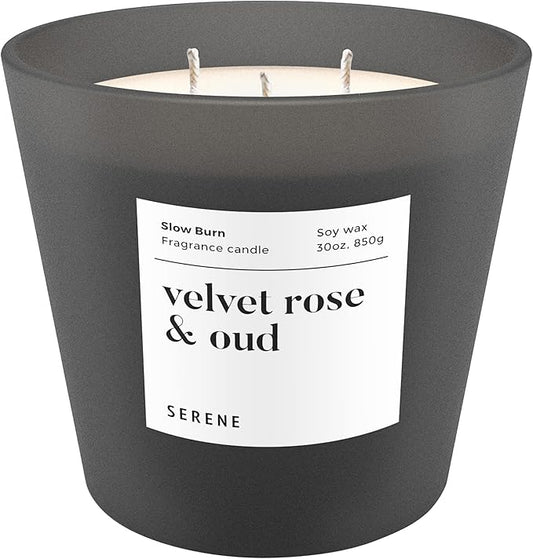 Hidden Label Large Scented Candle, Velvet Rose & Oud, 30oz 3 Wick Huge Candle, Serene Collection Slow Burn Natural Soy Candles for Home Scented
