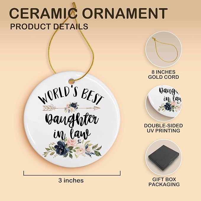 World's Best Daughter in Law Ceramic Ornaments Gifts, Nuera Round Hanging Ornament Decor Decorations for Christmas Tree Car, Thank You Appreciation Gifts for Daughter in Law Birthday Holiday