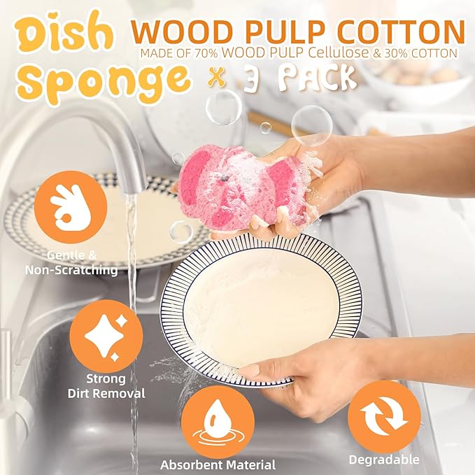 3 Pcs Cute Compressed Wood Pulp Cotton Sponges,Elephant Animal-Shaped Reusable and Highly Absorbent for Dishwashing, Kitchen Surfaces, and Bathroom Cleaning