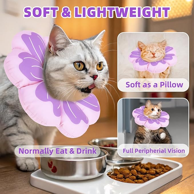 PUPTECK Cat Cone Collar Soft, Adjustable Protective Recovery Flower Collar Alternative, Comfortable Elizabethan Cat Collar Lightweight Stop Licking Neck Cone for Cats After Surgery, Purple, M