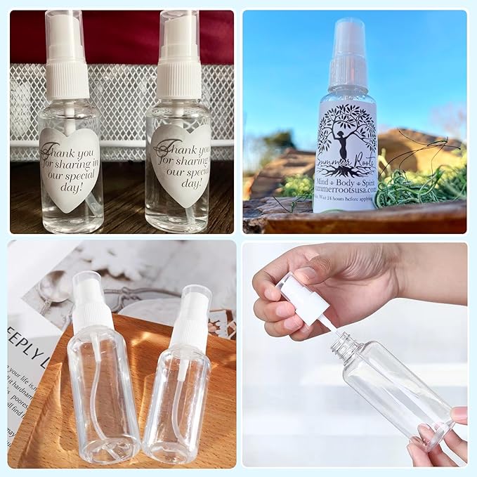 100PCS 1oz/30ml Small Mini Spray Bottles with 150pcs Labels, Clear Travel Spray Bottles Refillable Fine Mist Plastic Empty Bottle, Refillable Cosmetic Containers for Plants,Cleaning, Misting&Skin Care