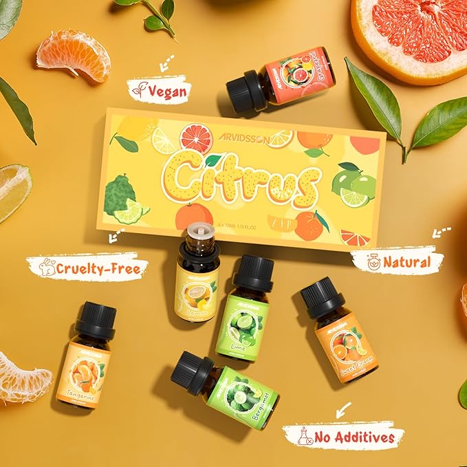 Citrus Essential Oils Set, ARVIDSSON Fresh Fruit Essential Oil for Diffuser, Grapefruit, Bergamot, Sweet Orange, Lemon, Lime, Tangerine, Citrusy Scented Oils Gift for Women