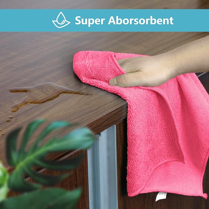 HOMEXCEL Pink Microfiber Cleaning Cloth, 8 Pack Cleaning Towels for Kitchen, Lint Free, Scratch-Free, Highly Absorbent, and Reusable Cleaning Rags for House, Window and Glass, Cars, 11.5 X11.5 inch