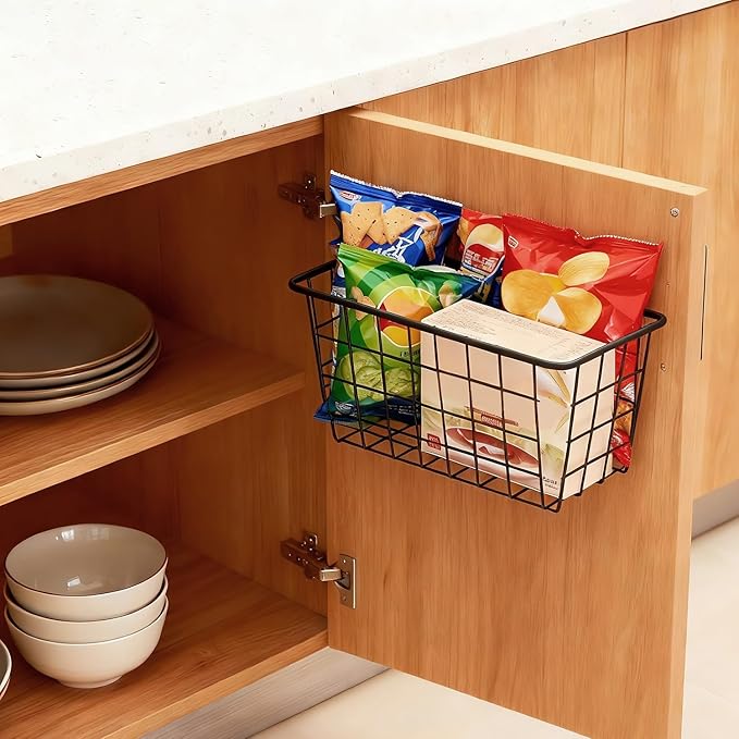 2 Set Adhesive Hanging Wall Basket Inside Cabinet Door Organizer,Wall StorageBasket-No Drilling Adhesive wall Basket for Cupboard Door, Space-Saving Small Hanging Baskets for Wall Mount Storage,Black