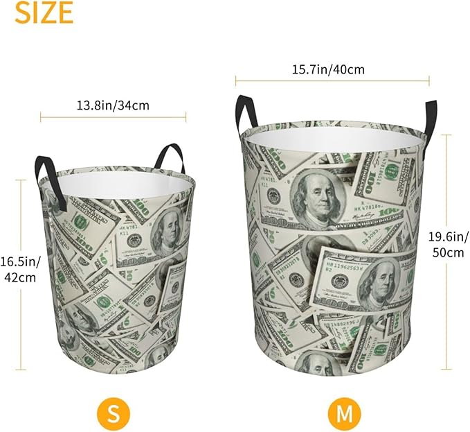 Funny Hundred Dollars Money Bills Laundry Hamper Bag With Waterproof Liner - Round Laundry Basket Foldable Clothes Storage Organizer For Bathroom Bedroom Nursery Dorm, S-16.5"X 13.8"
