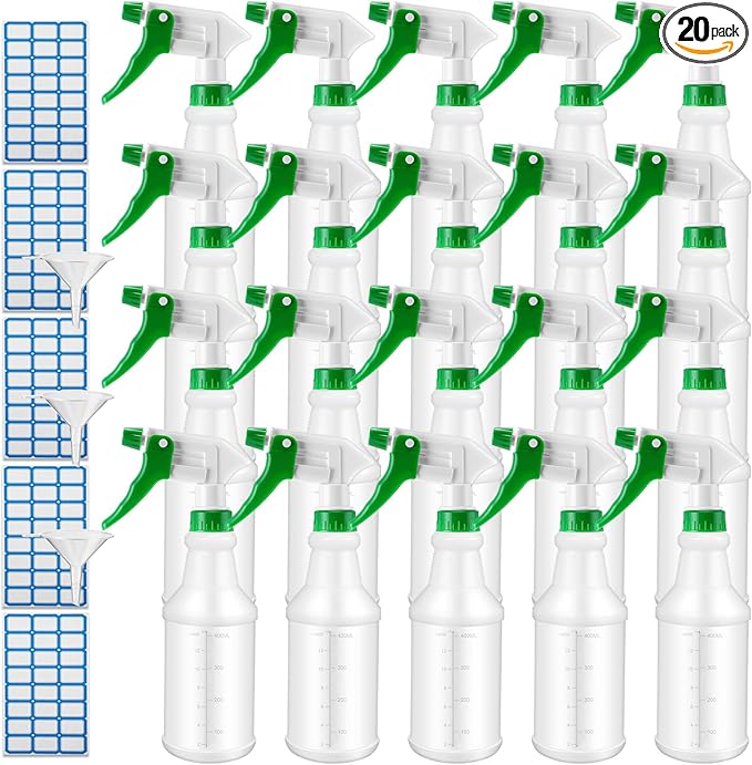 Eccliy 20 Pack 16oz Empty Spray Bottles, Leakproof Cleaning Bottles with Measurement and Adjustable Nozzle for Housekeeping, Commercial Use(Cylinder,Green White New Spray Head)
