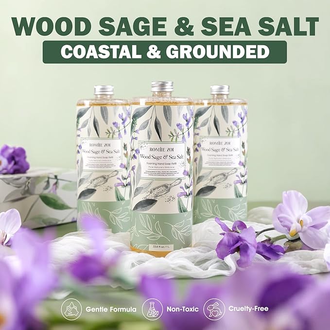 ROMIIE ZOI Foaming Hand Soap Refill Gift Set – Wood Sage & Sea Salt Scent – 3 Pack (1000ML Each) with Dispenser, Gentle & Moisturizing Plant-Based Formula – Bulk Refill Bottles for Bathroom & Kitchen