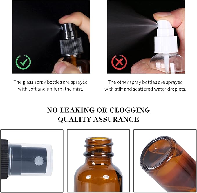 2oz Glass Spray Bottle, Fine Mist Boston Glass Bottles with Black Fine Mist Sprayer Small Clear Bottles for Essential Oils, Bath, Beauty, Hair & Cleaning, Amber, Pack of 48