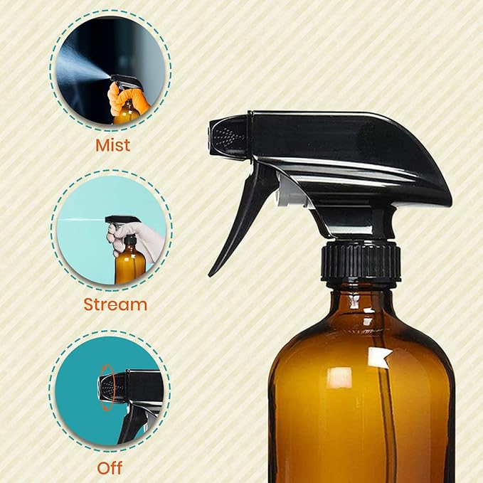 Amber Glass Spray Bottles For Cleaning Solutions (4 Pack) - 16 Ounce, Refillable Sprayer for Essential Oil, Water, Kitchen, Hair. Durable Black Trigger Sprayer w/Mist and Stream Settings