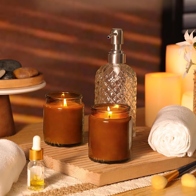 12Pcs Amber Candle Jars for Making Candles, 7.5oz Glass Jars with Wooden Lids and Labels, Candle Containers for DIY, Gifts, Candle Making Supplies, Table Decor