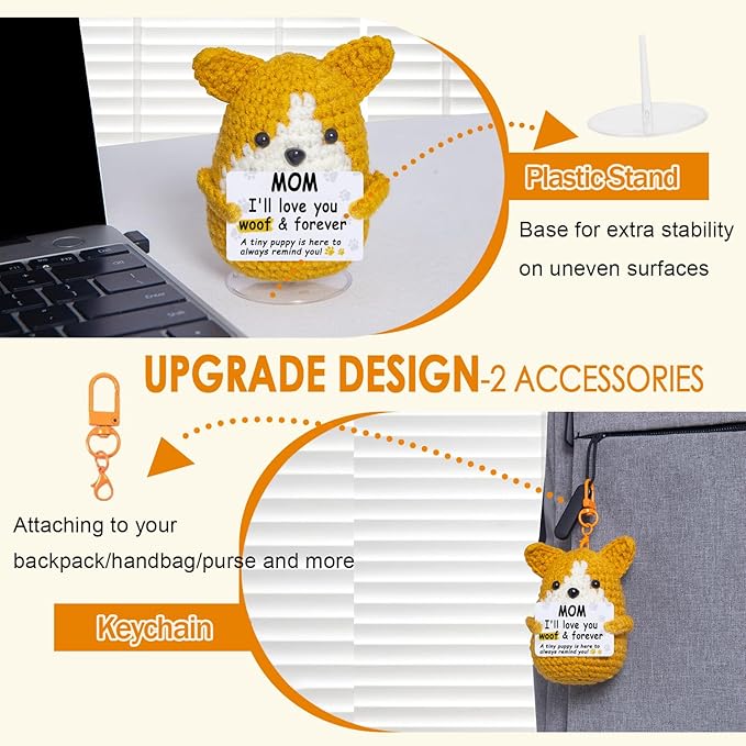 Mini Croche Corgi Mom Christmas Birthday Gifts from Daughter Son,Positive Crochet Puppy Gift for Dog Mom New Bonus Step Mama Mother in Law Present,Handmade Crochet Corgi Décor