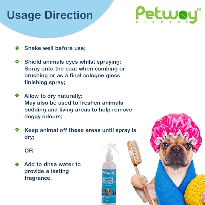 Petway Petcare Powder Cologne Coat Gloss – Natural Cosmetic Dog cologne spray, Dog Show Gloss with a Soft Baby Powder Fragrance, Pet Odour Eliminator and Dog Grooming Spray– 250ml