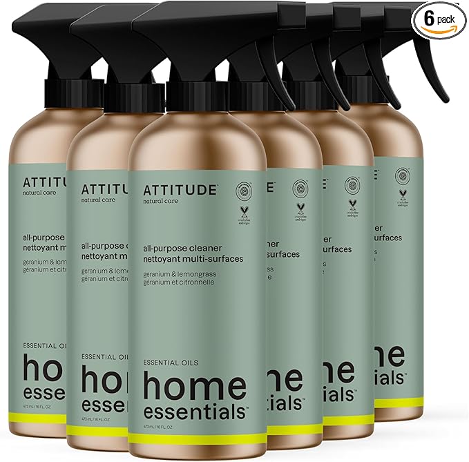 ATTITUDE Multi-Purpose Cleaner with Essential Oils, EWG Verified, Plant and Mineral-Based Ingredients, Vegan Household Products, Refillable Bottle, Geranium and Lemongrass, 16 Fl Oz (Pack of 6)