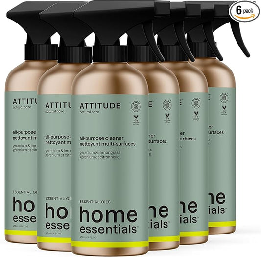 ATTITUDE Multi-Purpose Cleaner with Essential Oils, EWG Verified, Plant and Mineral-Based Ingredients, Vegan Household Products, Refillable Bottle, Geranium and Lemongrass, 16 Fl Oz (Pack of 6)