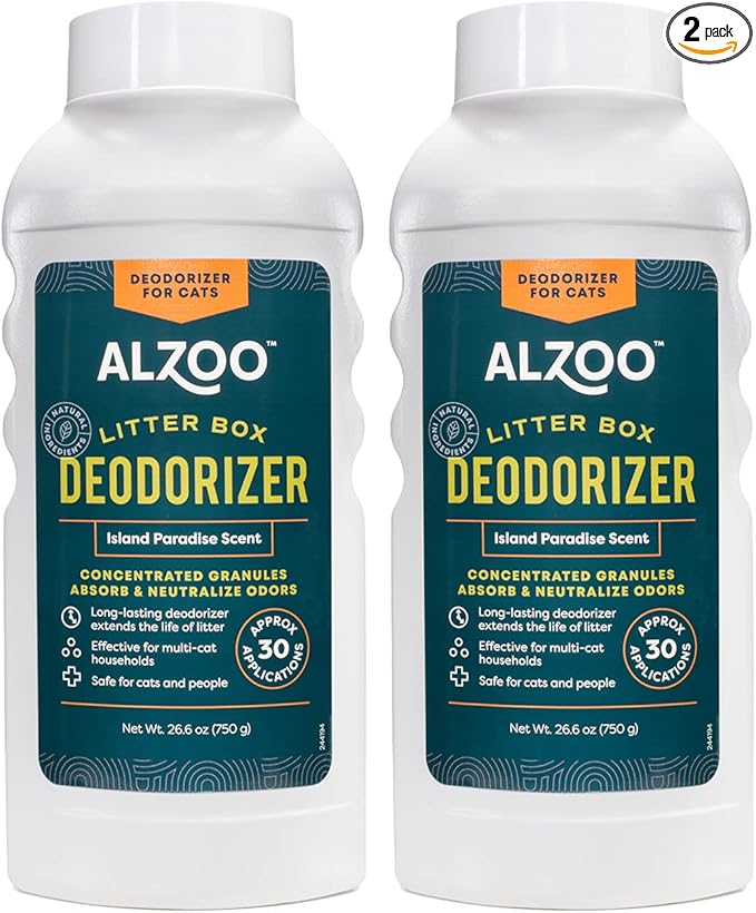 ALZOO Cat Litter Deodorizer, Concentrated Granules Absorb & Help Neutralize Odors, 100% Plant-Based Active Ingredients, Up to 30 Uses, Island Paradise Scent, 26.6 Oz., Pack of 2