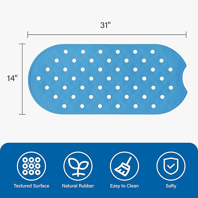 Rubber Bathtub Mat Shower Mat Non-Slip, 31x14 Inch, Bath Tub Floor Mat with Suction Cups and Drainage Holes, Blue