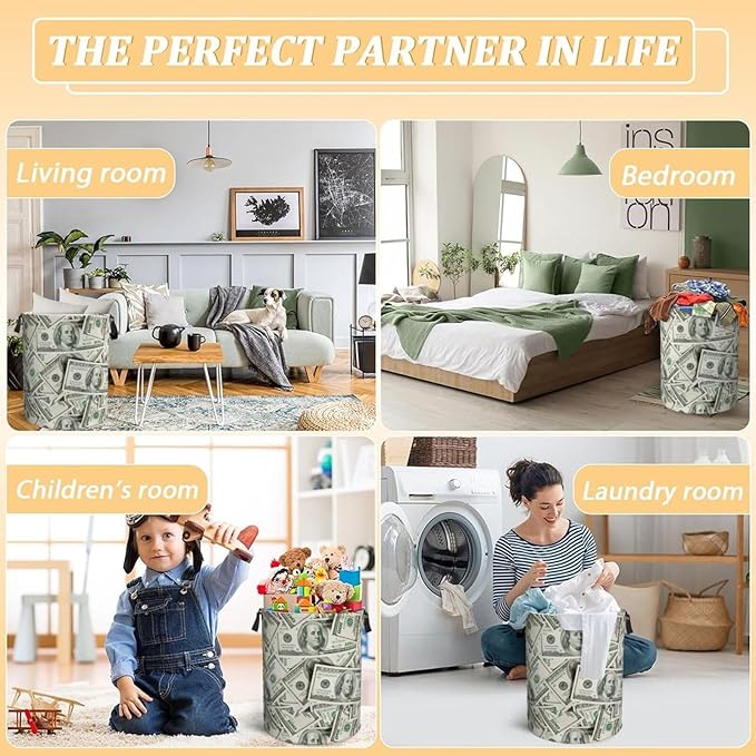 Funny Hundred Dollars Money Bills Laundry Hamper Bag With Waterproof Liner - Round Laundry Basket Foldable Clothes Storage Organizer For Bathroom Bedroom Nursery Dorm, M-19.6"X 15.7"