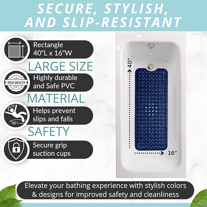 ENKOSI Bath Mat - Large Non Slip Bathtub & Shower Mat - Extra Long 40 x 16 Inch Bathroom Mats for Tub Nonslip Anti Slip Bathmats (40x16 Navy 1-Pack)