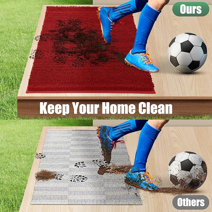 IM HOME Chenille Absorbent Outdoor Doormat 30" x 20", Washable Muddy Door Mats for Dog Non Slip Indoor Doormat Dog Mat for Muddy Paw Front Inside Doormats for Entryway Red Burgundy