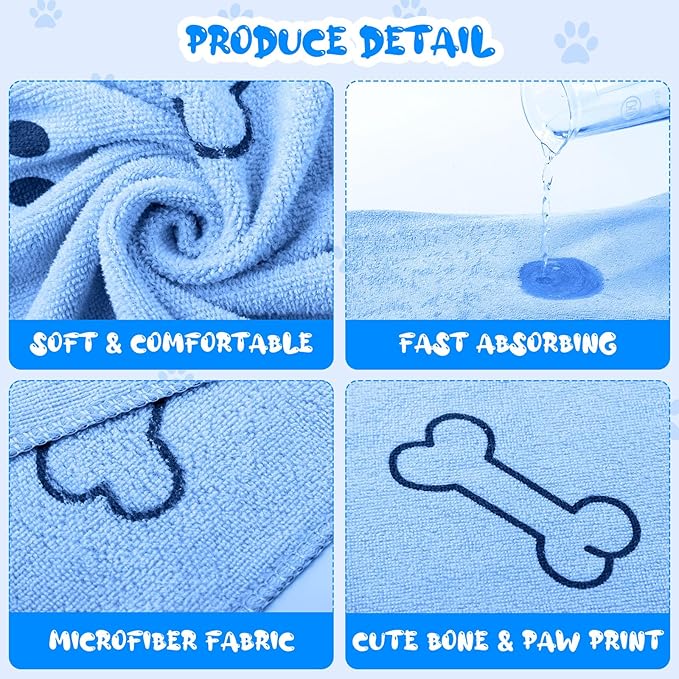 Tatuo 12 Pcs Dog Grooming Towels 28 x 55 Inch Microfiber Drying Pet Bath Towels Dog Absorbent Towel Quick Drying Puppy Bathing Supplies for Small Medium Large Puppy Cat(Blue,Paw, Bone)