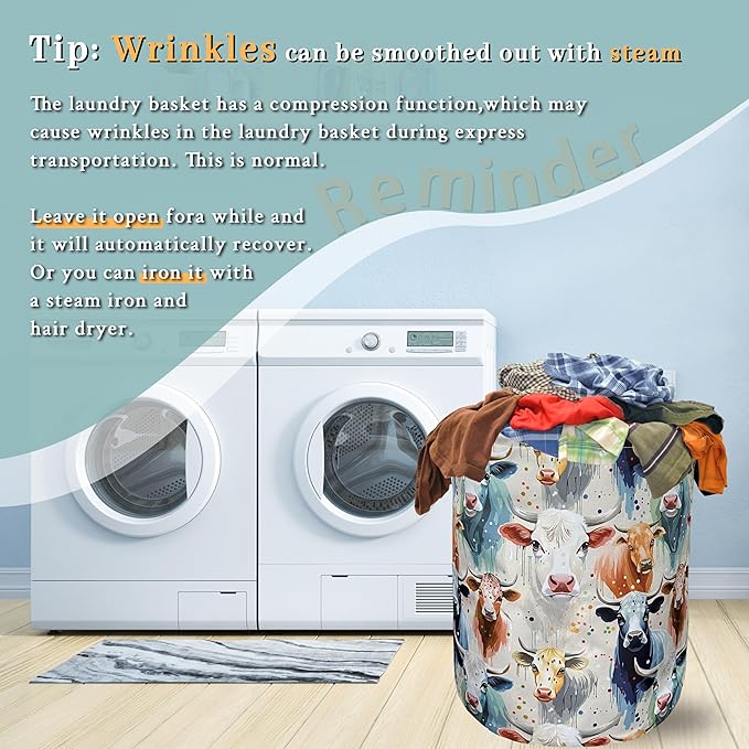 Watercolor Cows Laundry Basket Foldable With Handles Funny Tote BagOxford Cloth Animals Laundry Hamper 18.9" x 16.5" Clothes Storage Bucket Toy Organizer For Bathroom/Laundry/Bedroom