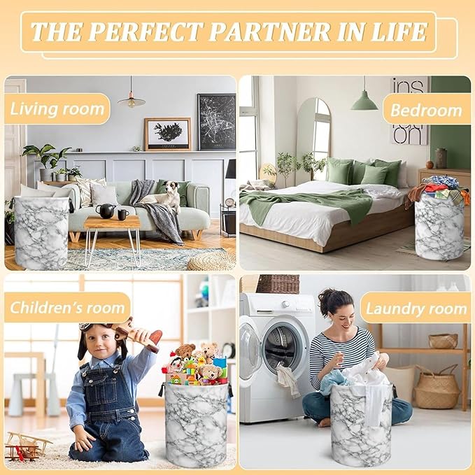 Black And White Marble Laundry Hamper Bag With Waterproof Liner - Round Laundry Basket Foldable Clothes Storage Organizer For Bathroom Bedroom Nursery Dorm, S-16.5"X 13.8"