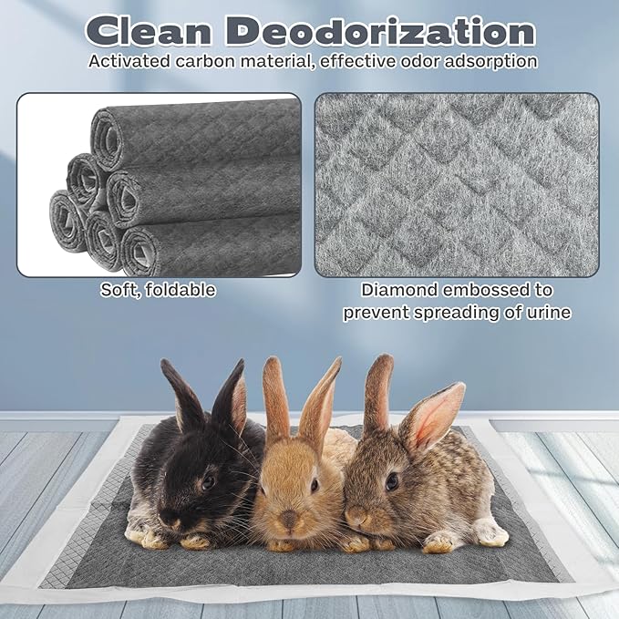 kathson 100PCS Rabbit Pee Pads 18×13in Disposable Guinea Pig Cage Liners Super Absorbent Black Carbon Odor-Control Bunny Training Pad with Quick-Dry Surface for Bunny Kitten Hedgehog Small Animals