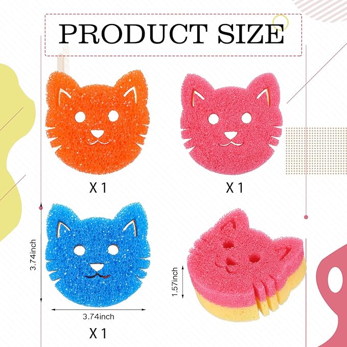 3 Pcs Dual Sided Scrub Sponge Multi Functional Cute Temperature Sensitive Non Scratch Dish Sponge for Washing Dishes Kitchen Bathroom(Cat)