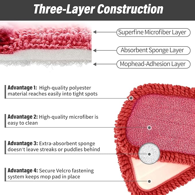 16.5 inch Mop Refills, 3 Pack Microfiber Reusable Replacement Mop Pads Flat Replacements Heads for Wet Or Dry Floor Cleaning and Scrubbing, Red Curly Cloth