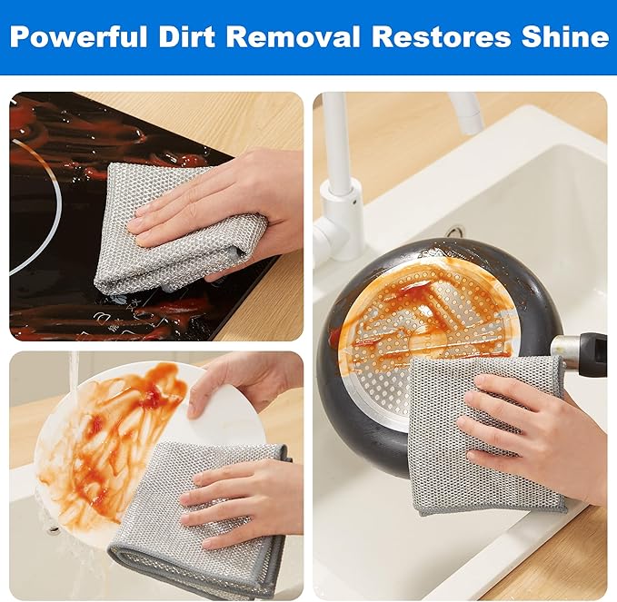 JOYMOOP Dual-Sided Silver Microfiber Cleaning Cloth, Reusable Non-Scratch Dishwashing Rag, Multipurpose Scrubbing Pads for Kitchen, Glass, Stainless Steel