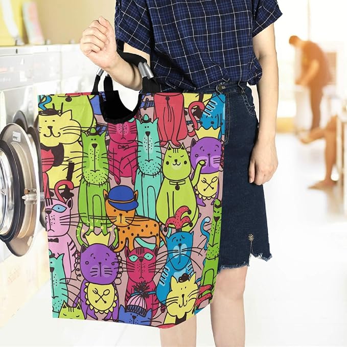 visesunny Doodle Cat Pet Kitten Animal Large Laundry Hamper with Handle Foldable Durable Clothes Hamper Laundry Bag Toy Bin for Bathroom, Bedroom, Dorm, Travel