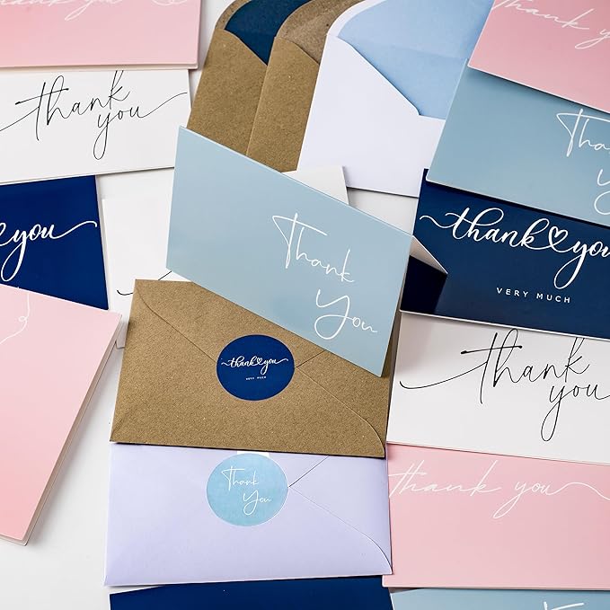 100 Multicolored Thank You Cards with Kraft Envelopes and Stickers - 4 Modern Designs for Wedding, Graduation, Business, Baby Shower