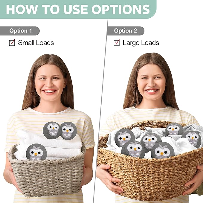 Calindiana 100% Organic Premium New Zealand Wool Dryer Balls Laundry Reusable Fabric Softener, Cute Dryer Sheets Alternative, Anti Static XL Size 6 Pack, Grey Owl