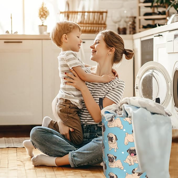 Funny Cartoon Pugs Puppies Laundry Basket,Waterproof Foldable Laundry Hamper,Dirty Clothes Laundry Basket, Linen Bin Storage Organizer for Toy Collection 16" x 20"