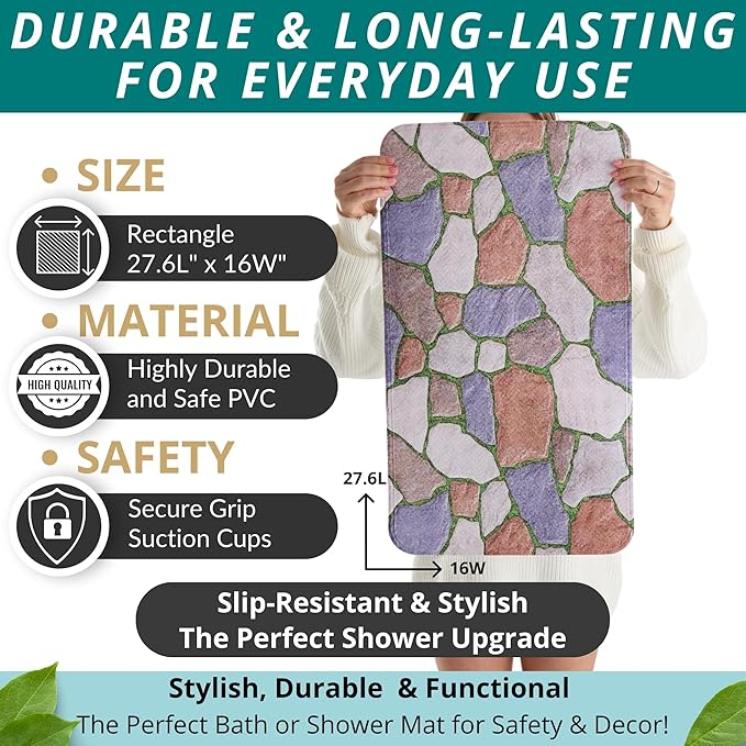 ENKOSI Non Slip Shower Mat – Bath Mat for Tub and Shower Floors – Anti Slip Bathtub Mat with Strong Suction Cup Grip – Unique Design Soft Bathroom Mat for Inside Baths and Showers (28x16 Stone Path)