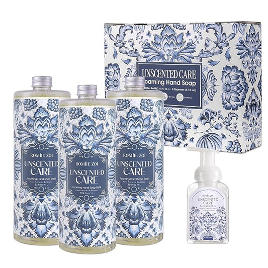 ROMIIE ZOI Foaming Hand Soap Refill Gift Set – Unscented – 3 Pack (1000ML Each) with Dispenser – Pure & Neutral, Gentle & Frangrance Free Formula – Bulk Refill Bottles for Bathroom & Kitchen Use