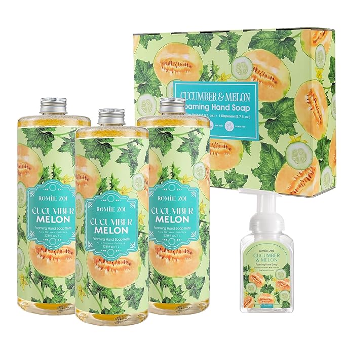 ROMIIE ZOI Natural Cucumber&Melon Foaming Hand Soap Refills 3-Pack (33.8 Fl Oz Each) with Dispenser - Plant-Based, Non-Toxic, Large Volume for Kitchen, Bathroom - Great Value Gift Set for Housewarming