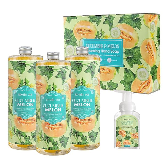 ROMIIE ZOI Natural Cucumber&Melon Foaming Hand Soap Refills 3-Pack (33.8 Fl Oz Each) with Dispenser - Plant-Based, Non-Toxic, Large Volume for Kitchen, Bathroom - Great Value Gift Set for Housewarming