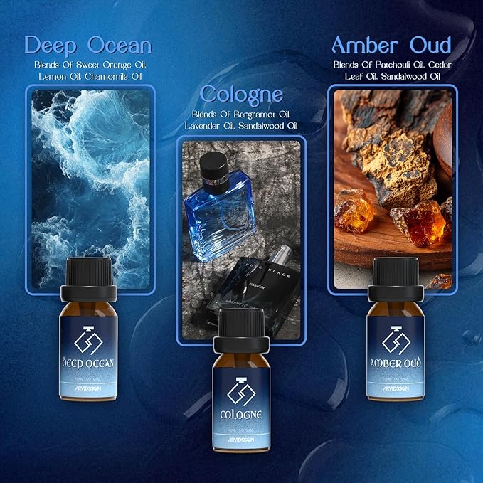 ARVIDSSON Cologne Fragrance Oils Set, Essential Oils for Diffuser | Deep Ocean, Cologne, Amber Oud, Tobacco Vanilla, Man Cave, Midnight Musk, Diffuser Oil Scents for Candle Making, Soap Making