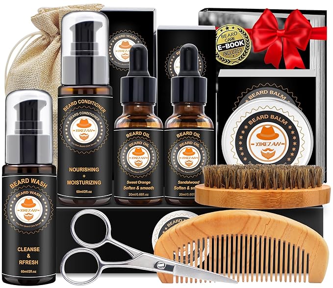 XIKEZAN Beard Kit for Mens Shaving & Grooming Sets & w/Conditioner, Wash, Oil, Balm, Brush Birthday Fathers Valentines Gifts for Men Him Dad Husband Boyfriend Christmas Gifts Mens Stocking Stuffers