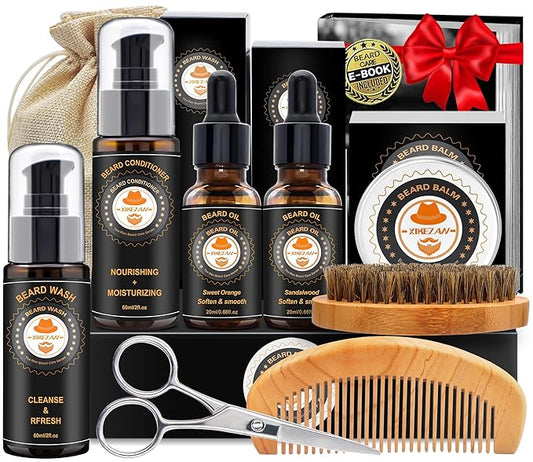 XIKEZAN Beard Kit for Mens Shaving & Grooming Sets & w/Conditioner, Wash, Oil, Balm, Brush Birthday Fathers Valentines Gifts for Men Him Dad Husband Boyfriend Christmas Gifts Mens Stocking Stuffers