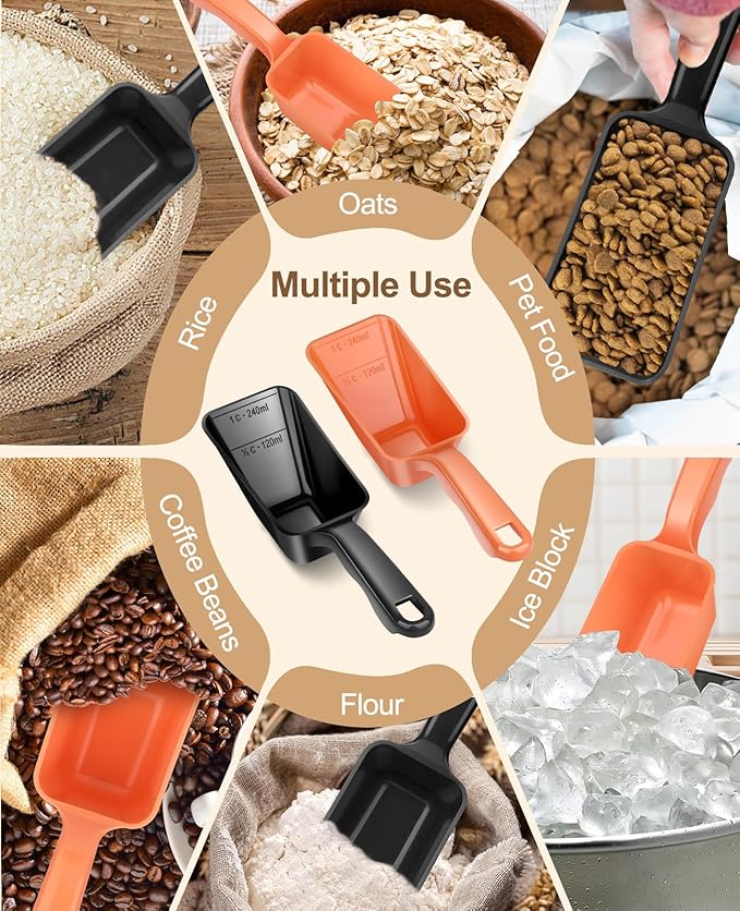 2-Pack Dog Food Scoop 1 Cup, Plastic Pet Food Measuring Scoop With Measuring Lines (1/2 & 1 Cup Markings) for Dogs, Cats, Fish, Bird（Black and Orange)
