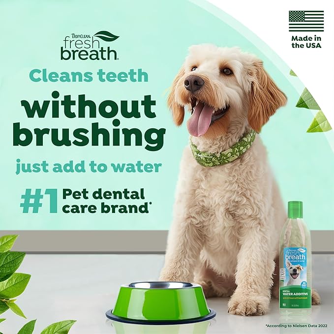 TropiClean Fresh Breath Water Additive for Dogs, Dog Breath Freshener and Teeth Cleaning Solution, No Toothpaste or Toothbrush Required, 16oz.